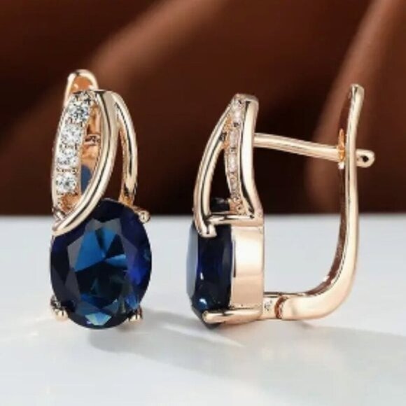 18k Gold Plated Water Drop Sapphire Diamond Earrings - Picture 1 of 4